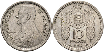Монако 10 франков 1946 Луи II (1922-1949) KM 123 медно-никель    4142-111