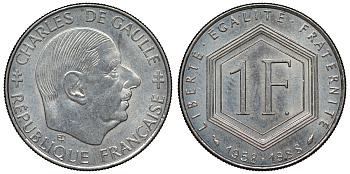 Франция 1 франк 1988 Шарль де Голль KM 963, Le Franc 227.2 никель 4128-413