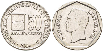 ВЕНЕСУЭЛА 50 БОЛИВАРОВ 2004 KM 82 сталь плакированная никелем 217-754