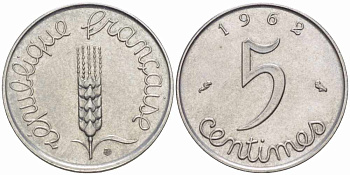 ФРАНЦИЯ 5 САНТИМОВ 1962 ПЯТАЯ РЕСПУБЛИКА KM 927, LE FRANC 124.4 хромированная сталь 105-425