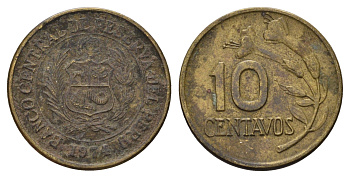Перу 10 сентаво 1974 KM 245 латунь 4169-1215