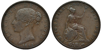 Великобритания 1/2 пенни 1843 Виктория (1837-1901) KM 726, Spink 3949 медь 106-752