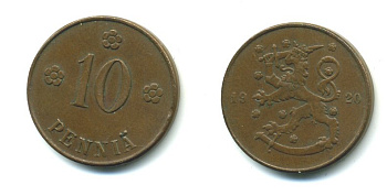 Финляндия 10 пенни 1920 республика (1918-1962) KM 24 медь 36-134