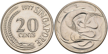 Сингапур 20 центов 1977 тунец KM 4 медно-никель 4556-1223