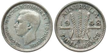 Австралия 3 пенса 1948 m, Георг VI (1937-1952), без букв KM 37a серебро 71-223