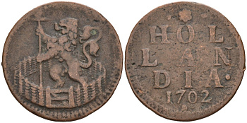 Голландия (Holland), Нидерланды 1 дуит 1702 KM 80 медь 4575-1256