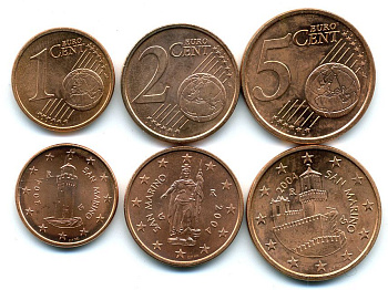Сан-Марино лот из 3 монет 2004 1,2 и 5 евроцентов сталь плакированная медью UNC N5-58