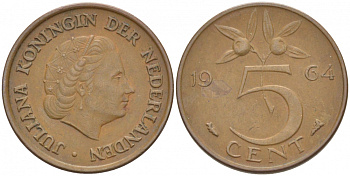 НИДЕРЛАНДЫ 5 ЦЕНТОВ 1964 ЮЛИАНА KM 181 бронза 214-818