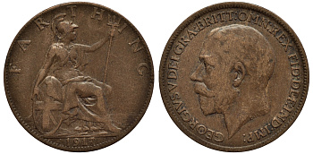 Великобритания 1 фартинг 1917 Георг V (1910-1936), темная отделка KM 808.1, Spink 4059 бронза 4114-733