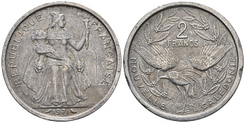 Французская Новая Каледония 2 франка 1971 птица кагу, (IEOM) KM 9, Schoen 6, Lec 56 алюминий    27-321