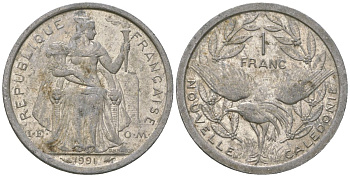 Французская Новая Каледония 1 франк 1991 птица кагу, (IEOM) KM 10, Schoen 10, Lec 51 алюминий 53-852