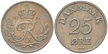 Дания 25 эре 1951 N; S, Фредерик IX (1947-1972) KM 842 медно-никель 4619-551