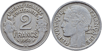 Франция 2 франка 1950 В KM 886а.2, Le Franc 269.17 алюминий 4397-755