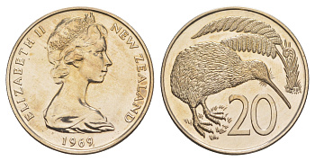 Новая Зеландия 20 центов 1969 Елизавета II (1952-2022), птичка киви, тираж 50.000 экземпляров KM 36 медно-никель BU 93-535