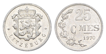 Люксембург 25 сантимов 1970 Герцог Жан (1964-1999) KM 45a алюминий 4643-433