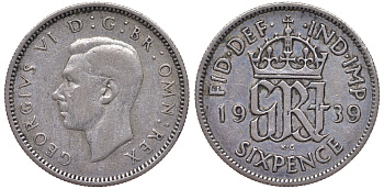 Великобритания 6 пенсов 1939 Георг VI (1936-1952) KM 852, Spink 4084 серебро 4124-736
