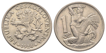 Чехословакия 1 крона 1924 женщина со снопом и серпом KM 4 медно-никель aUNC 4654-146