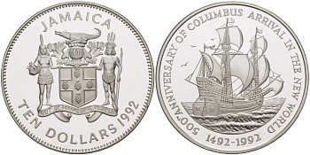 ЯМАЙКА 10 ДОЛЛАРОВ 1992 500-ЛЕТИЕ ПРИБЫТИЮ КОЛУМБА В НОВЫЙ СВЕТ (1492-1992), ПАРУСНИК, ТИРАЖ 5500 ЭКЗ., ПРОБА 925, ВЕС 22,45 ГР. KM 152 серебро PROOF 1080-8-42