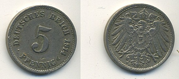 ГЕРМАНИЯ 5 ПФЕННИГОВ 1914 F, KM 11, J. 12 медно-никель 54-552