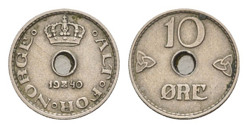 Норвегия 10 эре 1940 Хокон VII (1905-1957) KM 383 медно-никель 4632-1127