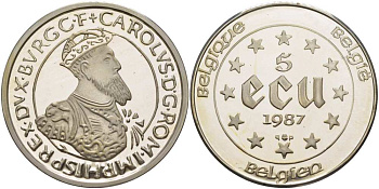 Бельгия 5 экю 1987 30 лет Римскому договору, Карл V Габсбург (1500-1558) KM 166 серебро PROOF 11-173-32