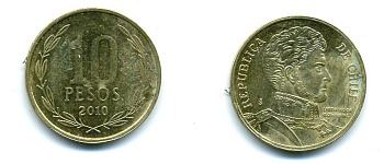 ЧИЛИ 10 ПЕСО 2010 ГЕНЕРАЛ БЕРНАРДО О ХИГГИНС KM 228.2 никель-бронза 37-1021