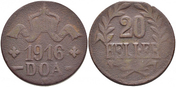 Немецкая Восточная Африка (Танзания) 20 геллеров 1916 T, Ost-Africa, большая корона, первая буква L не полная Jaeger 724 a, KM 15, WK 24 b медь 5010-611