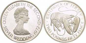 ДЖЕРСИ 2 ФУНТА 50 ПЕНСОВ 1972 25 ЛЕТ СВАДЬБЫ, ЕВРОПЕЙСКИЙ ЛОБСТЕР KM 38 серебро PROOF 04-136-13