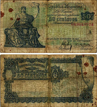 АРГЕНТИНА 50 СЕНТАВО 1900 СЕРИЯ А, SUFFIX LETTER Pick 231, Bottero 1403 бумага G 6352-18-1-1