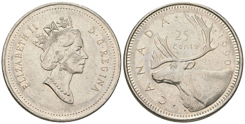 Канада 25 центов 1990 Елизавета II (1952-2022), олень KM 184 никель 4616-811