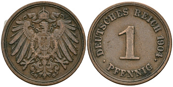 Германия 1 пфенниг 1904 G, Вильгельм II (1888-1918) KM 10, J. 10 медь 4608-234
