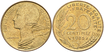 Франция 20 сантимов 1985 тип Марианна KM 930 медь алюминий никель 4116-541