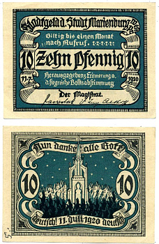 Мариенбург 10 пфеннигов 1920 11 Июля 1920, нотгельд, земля Померания Grabowski 870.1 бумага 2196-7-2-1