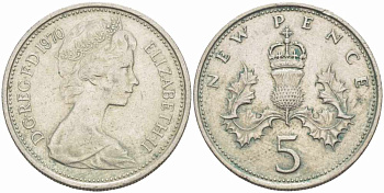 Великобритания 5 пенсов 1970 Елизавета II (1952-2022) KM 911, Spink 4233 (D1) медно-никель 31-1111