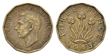 Великобритания 3 пенса 1943 Георг VI (1936-1952) KM 849, Spink 4112 никель латунь 4660-657