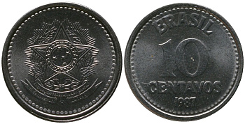 Бразилия 10 сентаво 1987 KM 602, Schon 111 нержавеющая сталь UNC 4567-957