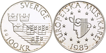 Швеция 100 крон 1985 Карл XVI Густав (1973- ), европейский год музыки KM 865 серебро BUNC 1080-7-42