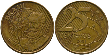 Бразилия 25 сентаво 2001 KM 650, Schon 158 сталь плакированная бронзой 4525-313