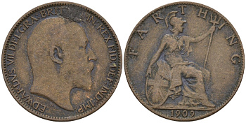 Великобритания 1 фартинг 1909 Эдуард VII (1901-1910), KM 792, Spink 3992 бронза 4596-942