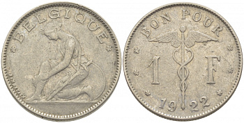 Бельгия 1 франк 1922 Belgique, Альберт I (1910-1934) KM 89 никель 259-934