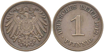 ГЕРМАНИЯ 1 ПФЕННИГ 1912 G KM 10, J. 10 медь 66-119