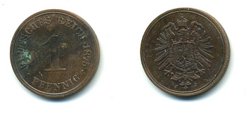 ГЕРМАНИЯ 1 ПФЕННИГ 1875 J, СТАРОГЕРБОВКА KM 1, J. 1 медь 54-118