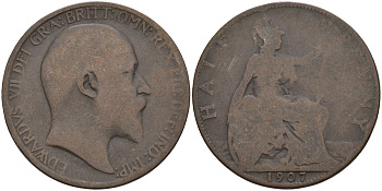 Великобритания 1/2 пенни 1907 Эдуард VII (1901-1910) KM 793.2, Spink 3991 бронза 4143-642