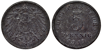 Германия 5 пфеннигов 1919 J KM 19, J. 297, Weege 5 железо 4118-1136