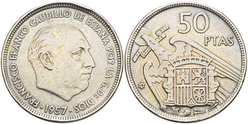 ИСПАНИЯ 50 ПЕСЕТ 1957 (58) ФРАНСИСКО ФРАНКО ДИКТАТОР ИСПАНИИ (1939-1975) KM 788 медно-никель 38-211