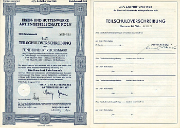 Германия 500 рейхсмарок 1940 АО металлургических и металлургических заводов, Кельн, 4-1/2% частичное обязательство, облигация   бумага   8801-89-1