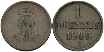 Ганновер 1 пфенниг 1849 A, Эрнст Август (1837-1851) KM 201.2, AKS 130, J. 74 медь 4608-1047