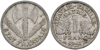 Франция 1 франк 1943 правительство Виши KM 902.1, Le Franc алюминий 4126-651