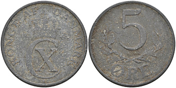 Дания 5 эре 1945 Кристиан X (1912-1947) KM 834a цинк 4591-947