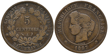 ФРАНЦИЯ 5 САНТИМОВ 1897 A, ТРЕТЬЯ РЕСПУБЛИКА (1871-1940) KM 821.1, LE FRANC 118.41 бронза 67-111